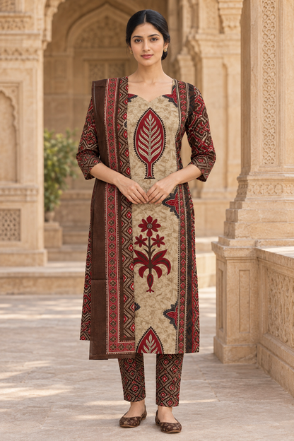 Indian model wearing the cream, brown and maroon printed ethnic set, front view