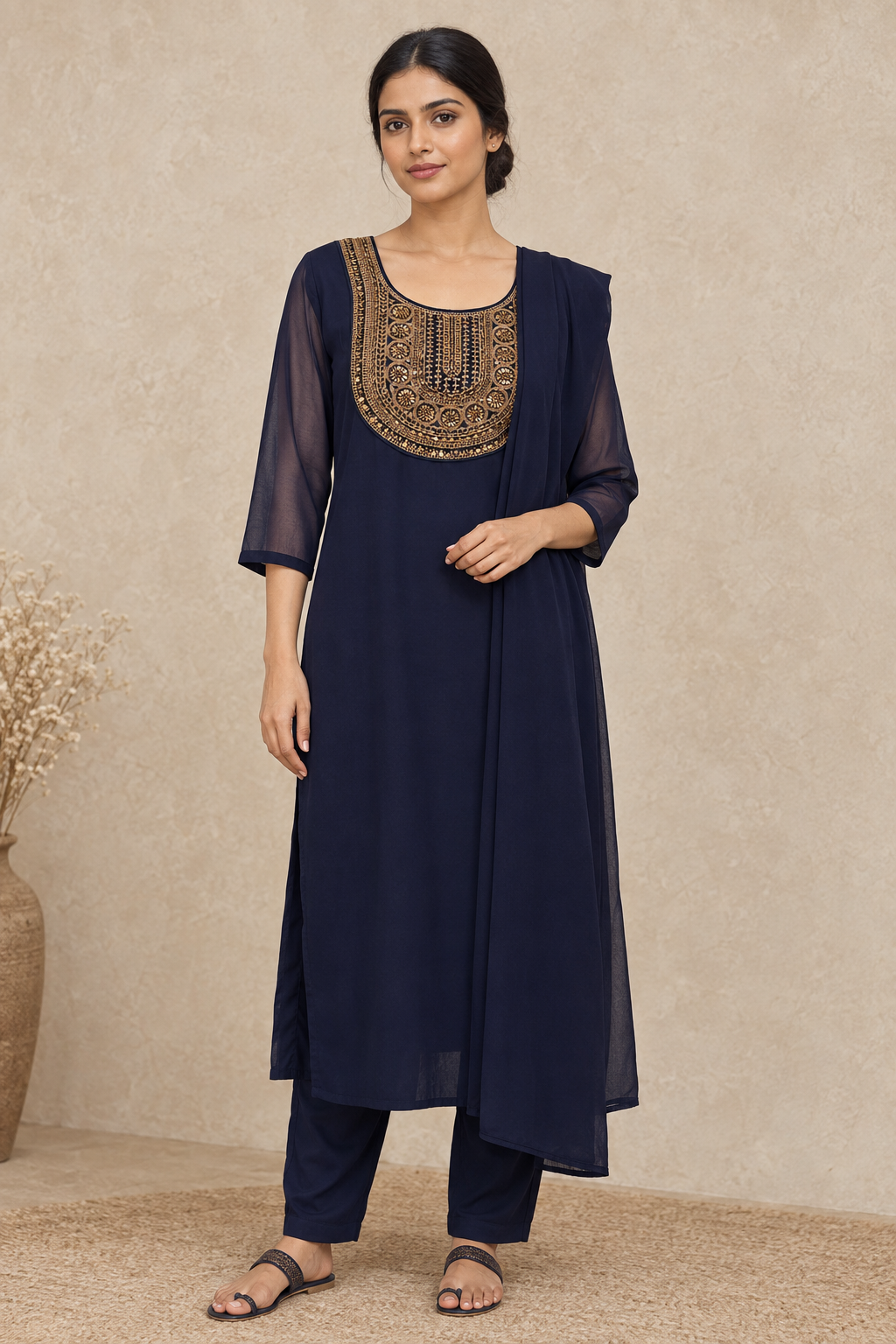 Indian model wearing the navy blue embroidered ethnic outfit at a slight angle