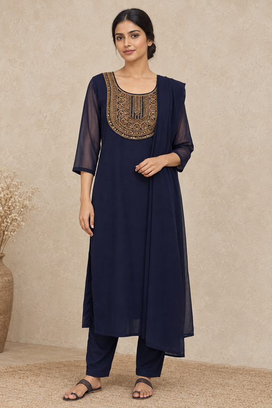Indian model wearing the navy blue embroidered ethnic outfit at a slight angle
