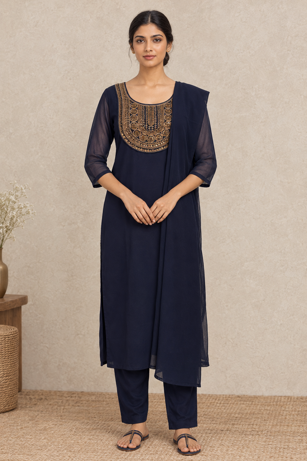Indian model wearing the navy blue embroidered ethnic outfit, front view