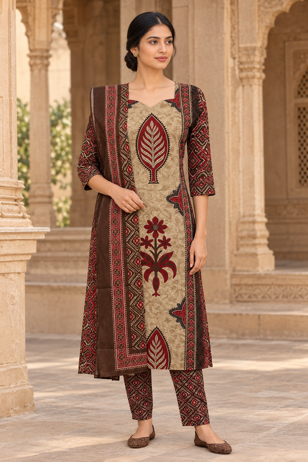 Indian model wearing the printed ethnic set at a gentle angle