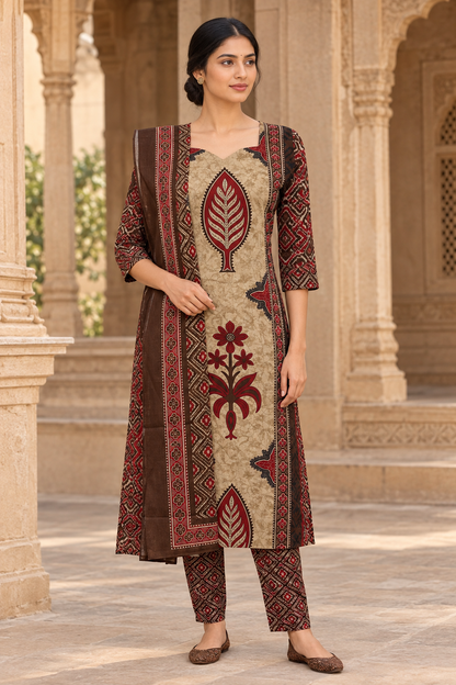 Indian model wearing the printed ethnic set at a gentle angle