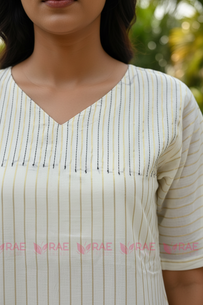 Ivory A-Line Kurti | Zari Pinstripe Cotton Kurti for Women | Onam & Festive Wear