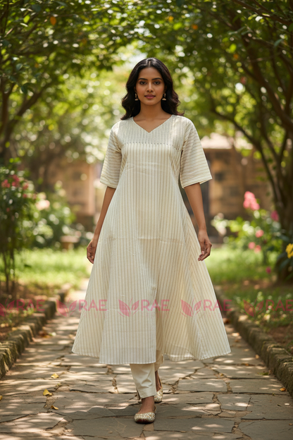 Ivory A-Line Kurti | Zari Pinstripe Cotton Kurti for Women | Onam & Festive Wear