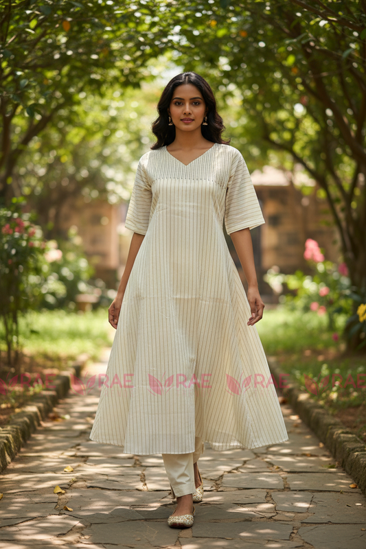 Ivory A-Line Kurti | Zari Pinstripe Cotton Kurti for Women | Onam & Festive Wear