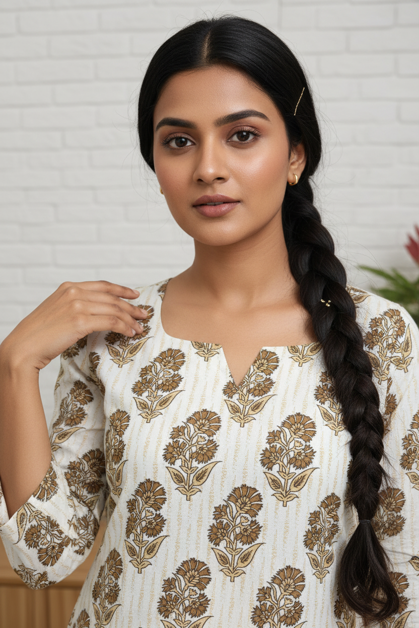 Ivory Block Print Kurti – Neckline & Print Detail Close-Up