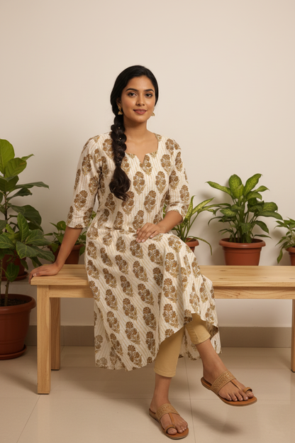 Ivory Block Print Kurti – Seated Lifestyle Pose