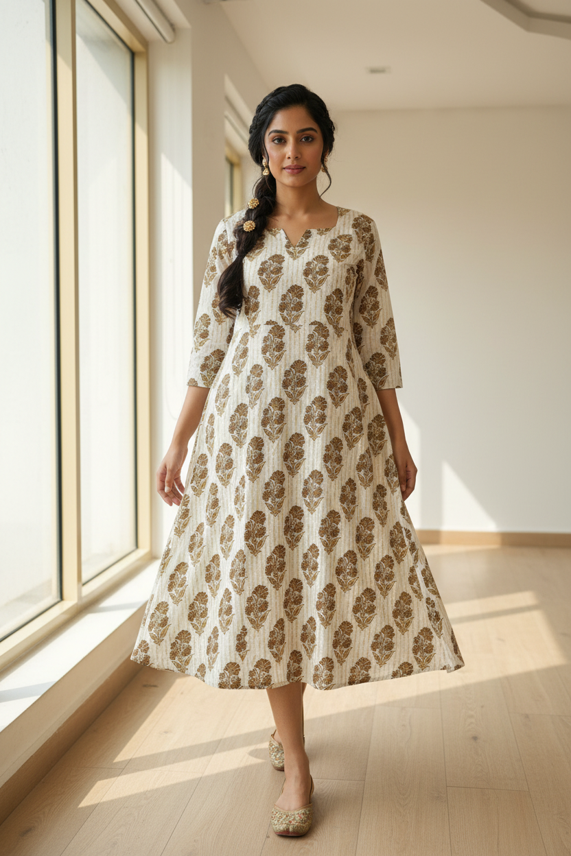 Ivory Block Print Kurti – Walking Pose Showing Fabric Drape