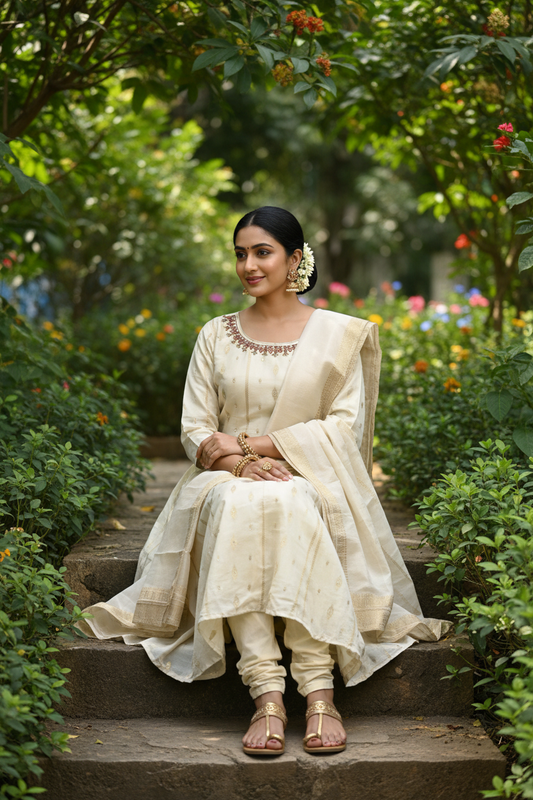 Ivory Kerala Tissue Kurti – Seated Garden Pose