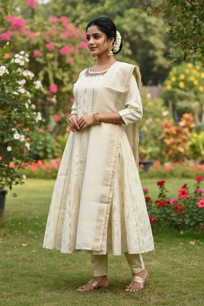 Ivory Kerala Tissue Kurti – Three-Quarter Garden Pose