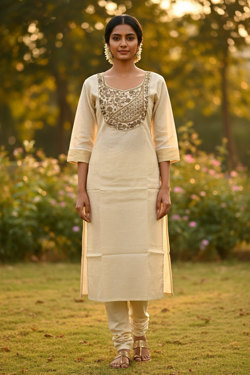 Ivory Tissue Kasavu Kerala Kurti – Full Front Pose with Indian Model in Garden