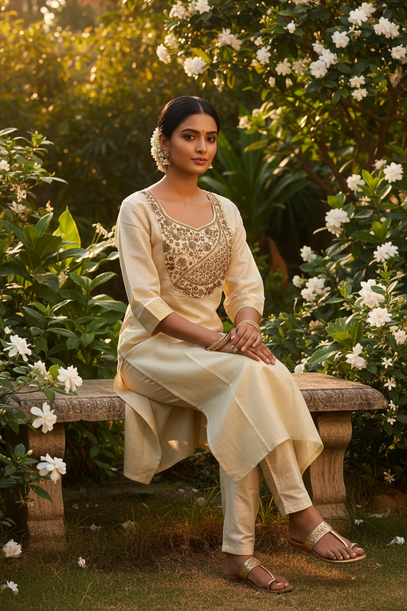 Ivory Tissue Kasavu Kerala Kurti – Seated Regal Garden Pose