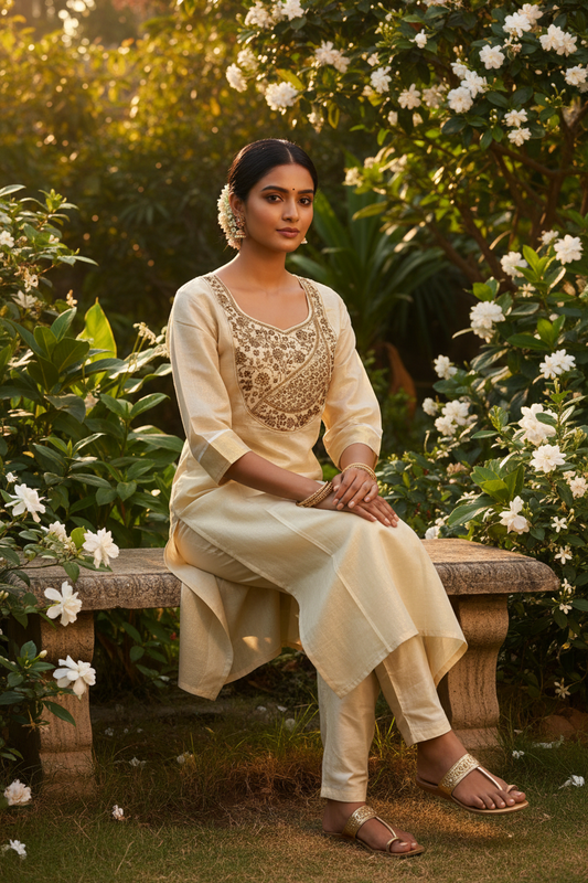 Ivory Tissue Kasavu Kerala Kurti – Seated Regal Garden Pose