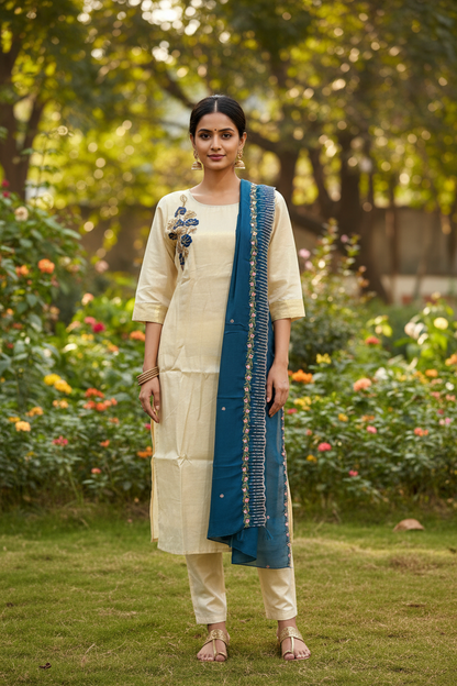 Kerala Kasavu 3D Floral Salwar Set Front View – Teal Scallop Dupatta | Indian Ethnic Wear