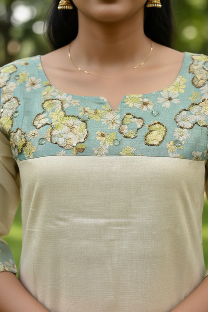 Kerala Kasavu Handwork Embroidery Detail Close Up - Tissue Silk Kurti Yoke Floral Motif