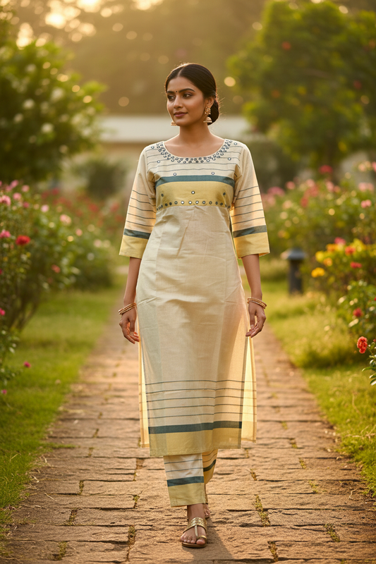 Kerala Kasavu Handwork Kurti Coord Set Walking Pose – Teal Stripe Gold Kasavu Pant Border | Garden