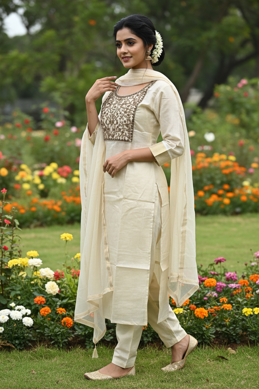 Kerala Kasavu Kurti - 3/4 Side Garden Pose
