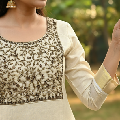 Kerala Kasavu Kurti - Embroidery Detail Close-Up