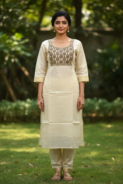 Kerala Kasavu Kurti Front View – Natural Garden Background | Indian Ethnic Wear