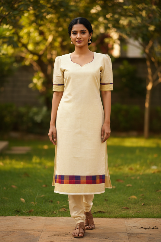 Kerala Kasavu tissue kurti full front pose - cream kurti with multicolour Madras checks hem, Indian model garden