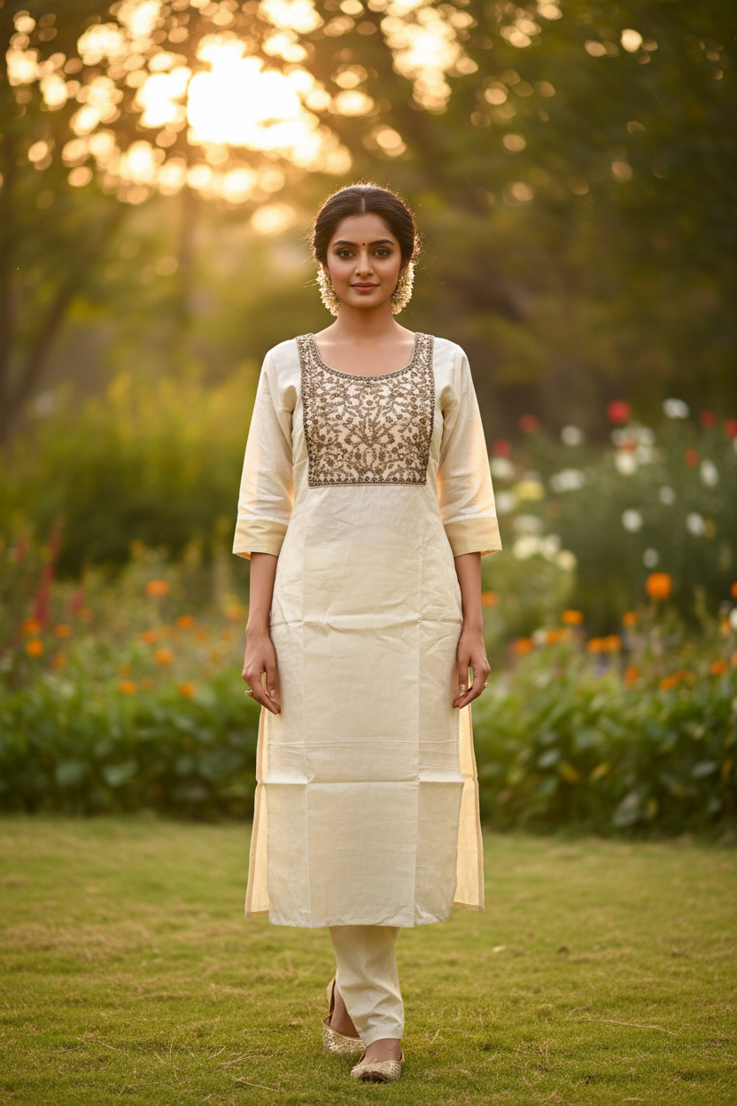 Kerala Kasavu Kurti - Full Length Garden Pose