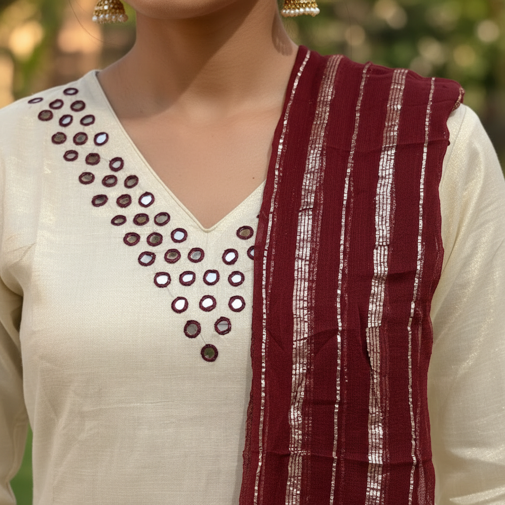 Kerala Kasavu Kurti Mirror Work Shisha Embroidery Detail – Handwork Close Up