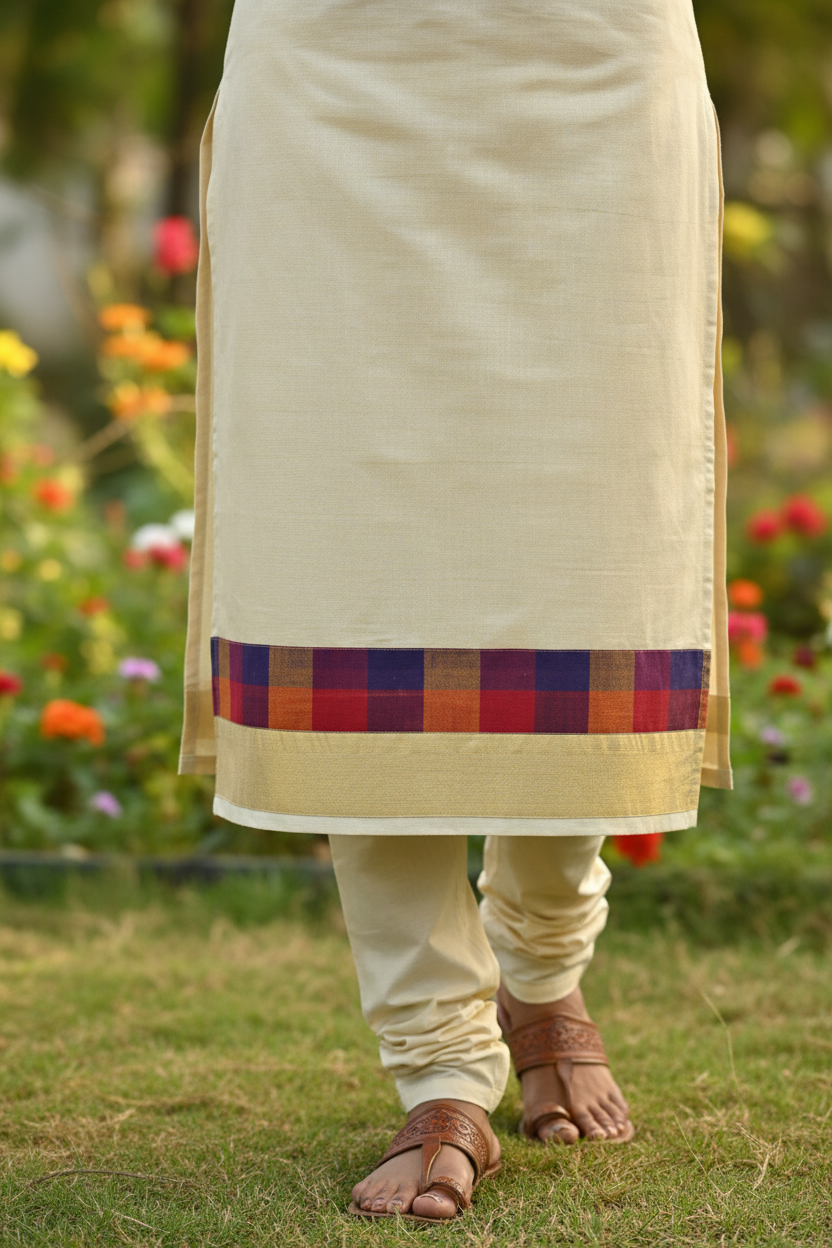 Kerala Kasavu kurti Madras checks hem border close-up - multicolour checks with gold Kasavu zari, Kolhapuri sandals