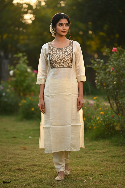 Kerala Kasavu Kurti Plain Hem - Full Length Garden Pose