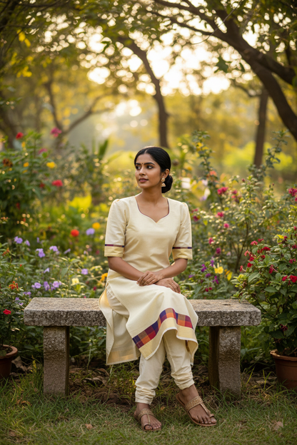 Kerala Kasavu tissue kurti seated elegant pose - Indian model in garden, golden hour, social media