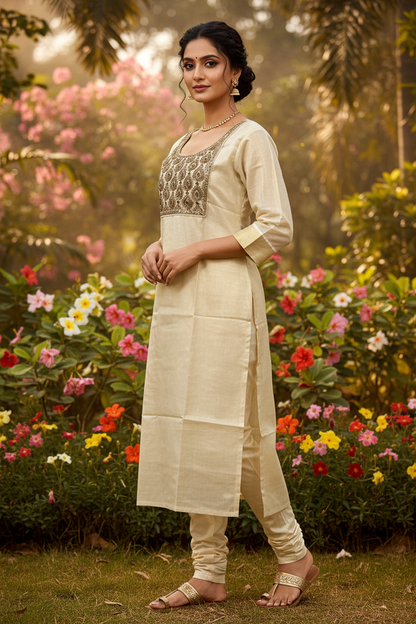 Kerala Kasavu Kurti Side Pose – Outdoor Garden Photography | Gold Zardozi Kurti