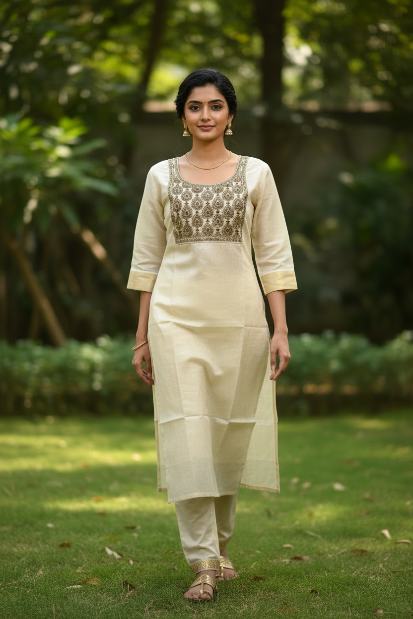 Kerala Kasavu Kurti Walking Pose – Garden Background | Gold Zardozi Ethnic Wear