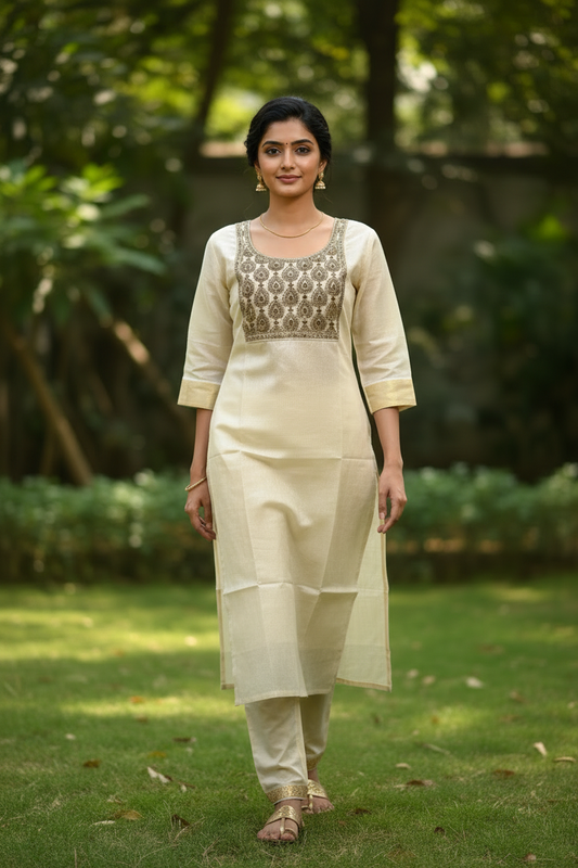 Kerala Kasavu Kurti Walking Pose – Garden Background | Gold Zardozi Ethnic Wear