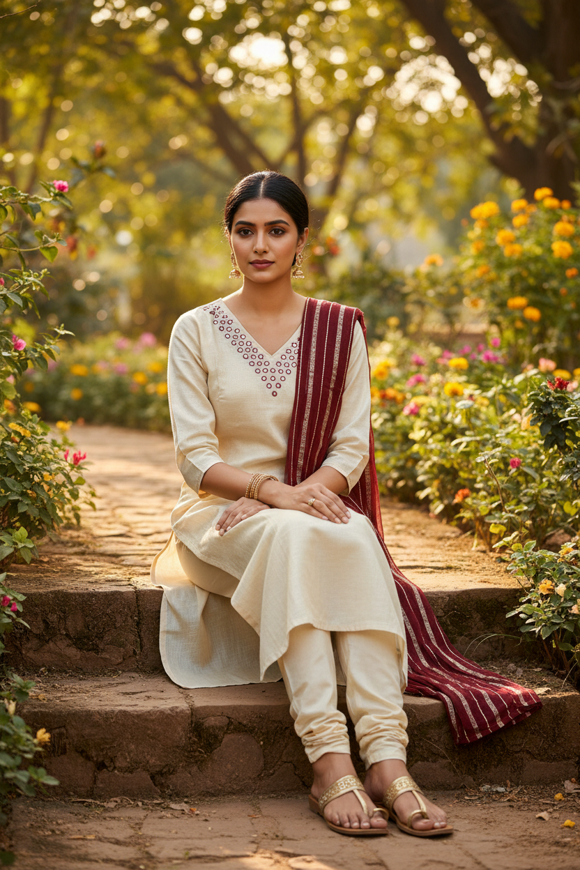 Kerala Kasavu Kurti with Dupatta Sitting Pose – Outdoor Garden | Ethnic Salwar Suit