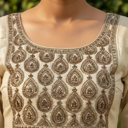 Kerala Kasavu Kurti Zardozi Embroidery Detail – Natural Light