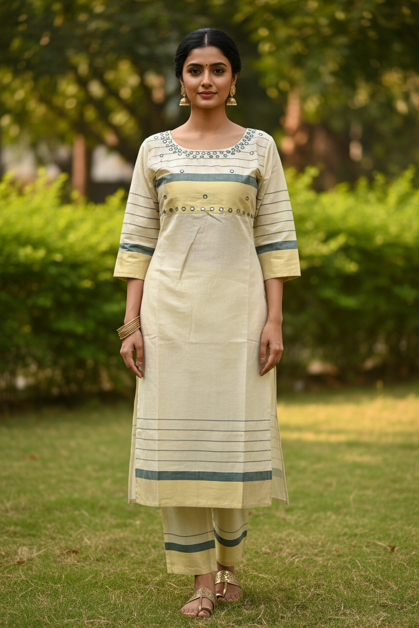 Kerala Kasavu Mirror Work Coord Set Front View – Teal Stripe Gold Panel | Indian Ethnic Wear
