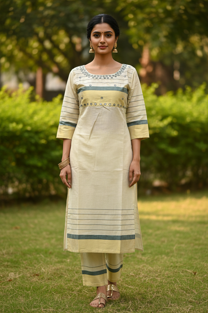 Kerala Kasavu Mirror Work Coord Set Front View – Teal Stripe Gold Panel | Indian Ethnic Wear