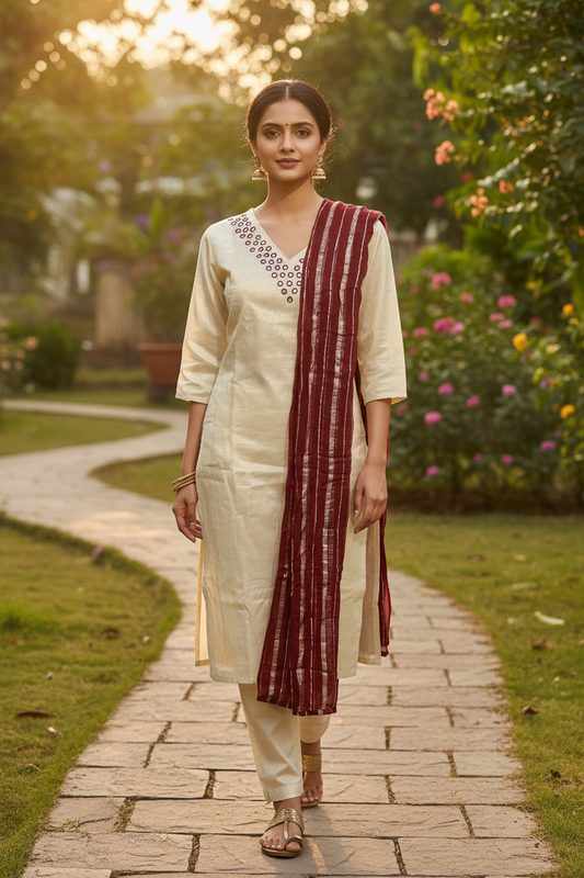 Kerala Kasavu Mirror Work Kurti Walking Pose – Maroon Zari Dupatta | Golden Hour Garden