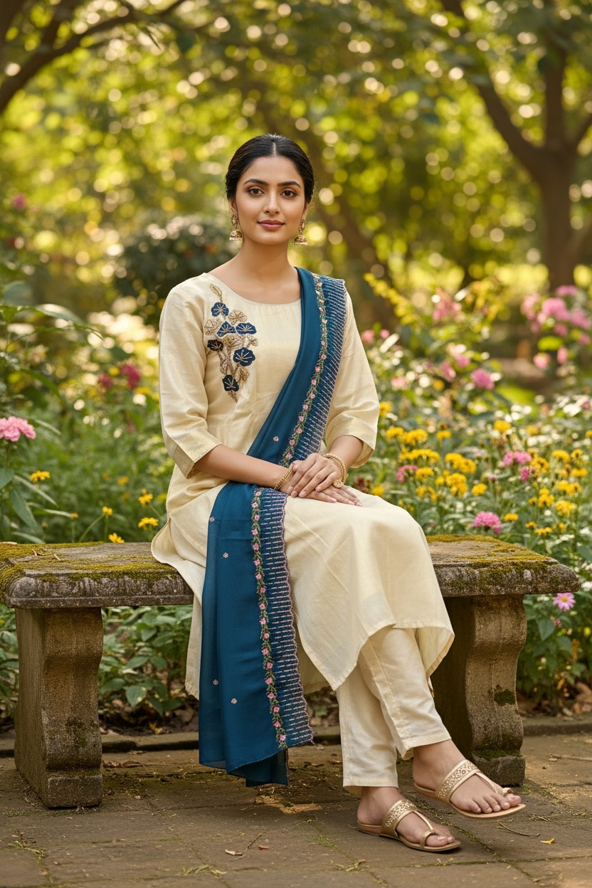 Kerala Kasavu Salwar Set Sitting Pose – Outdoor Garden | Teal Scallop Dupatta