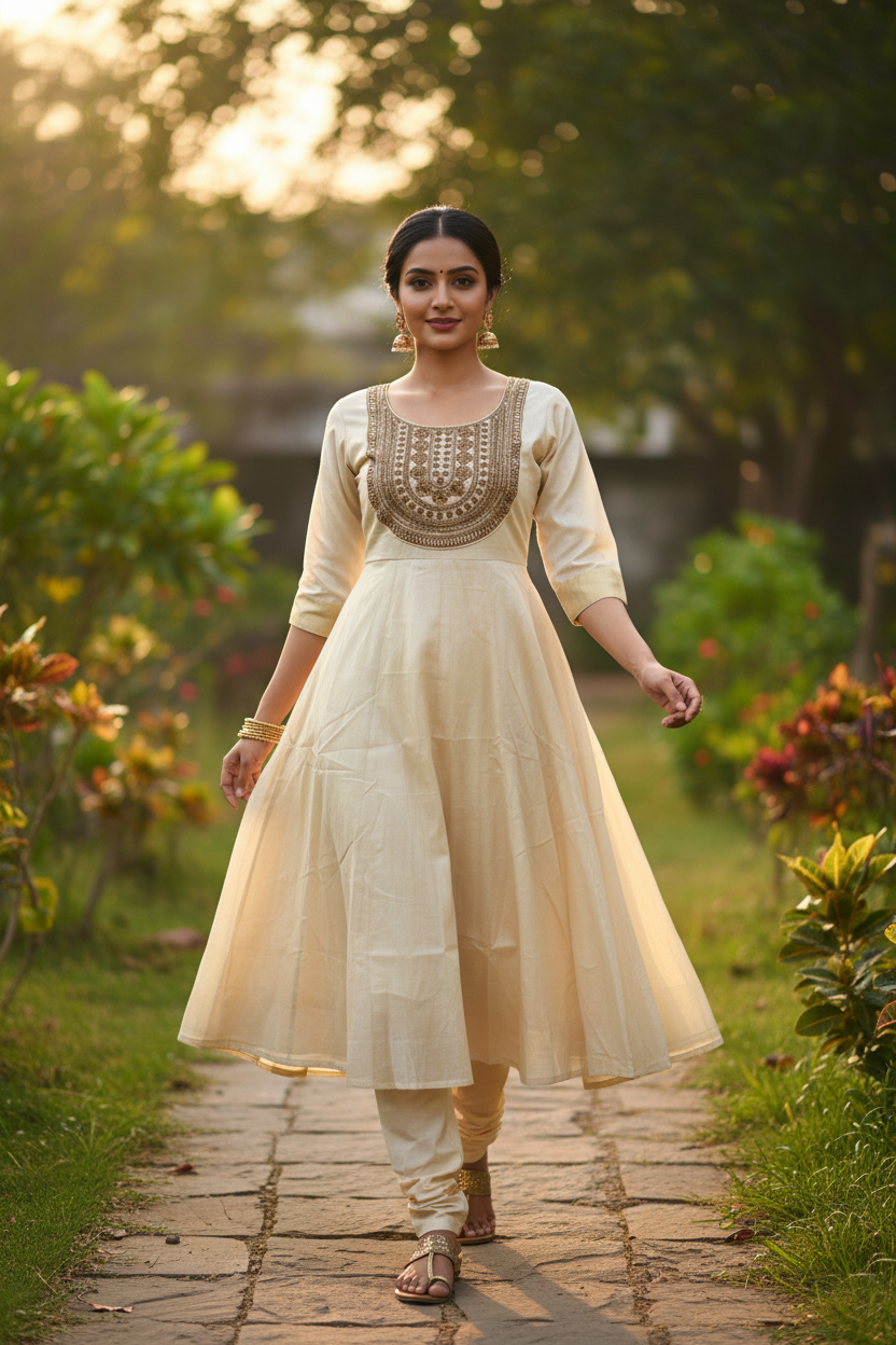 Kerala Tissue Kurti – Candid Garden Walk Pose