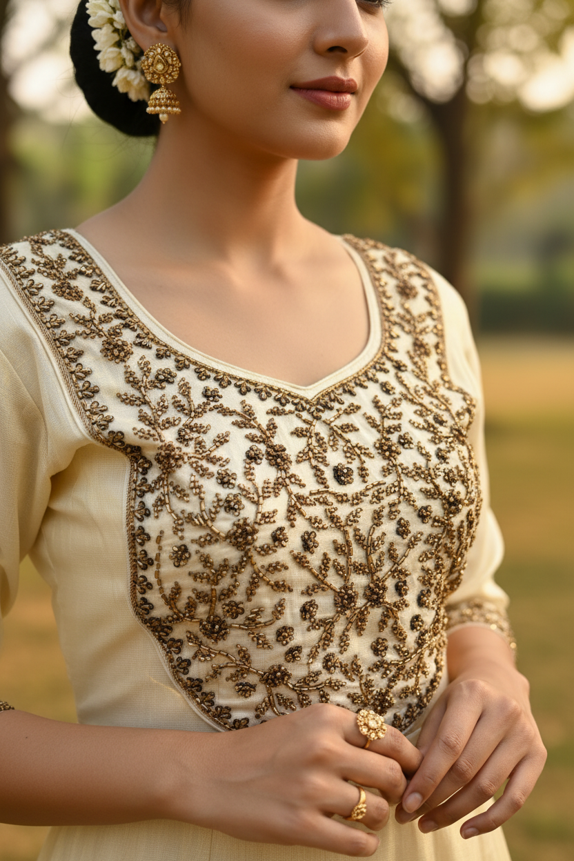 Kerala Tissue Kurti – Embroidery Handwork Close-Up – Zardozi Detail
