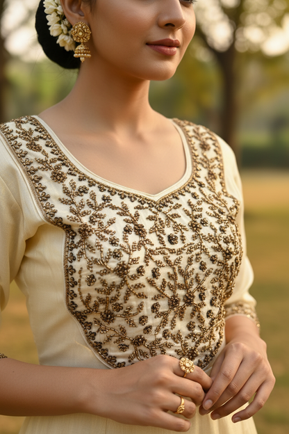 Kerala Tissue Kurti – Embroidery Handwork Close-Up – Zardozi Detail