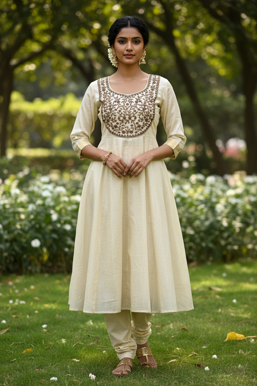 Kerala Tissue Kurti – Full Front Pose – Indian Model – Outdoor Garden