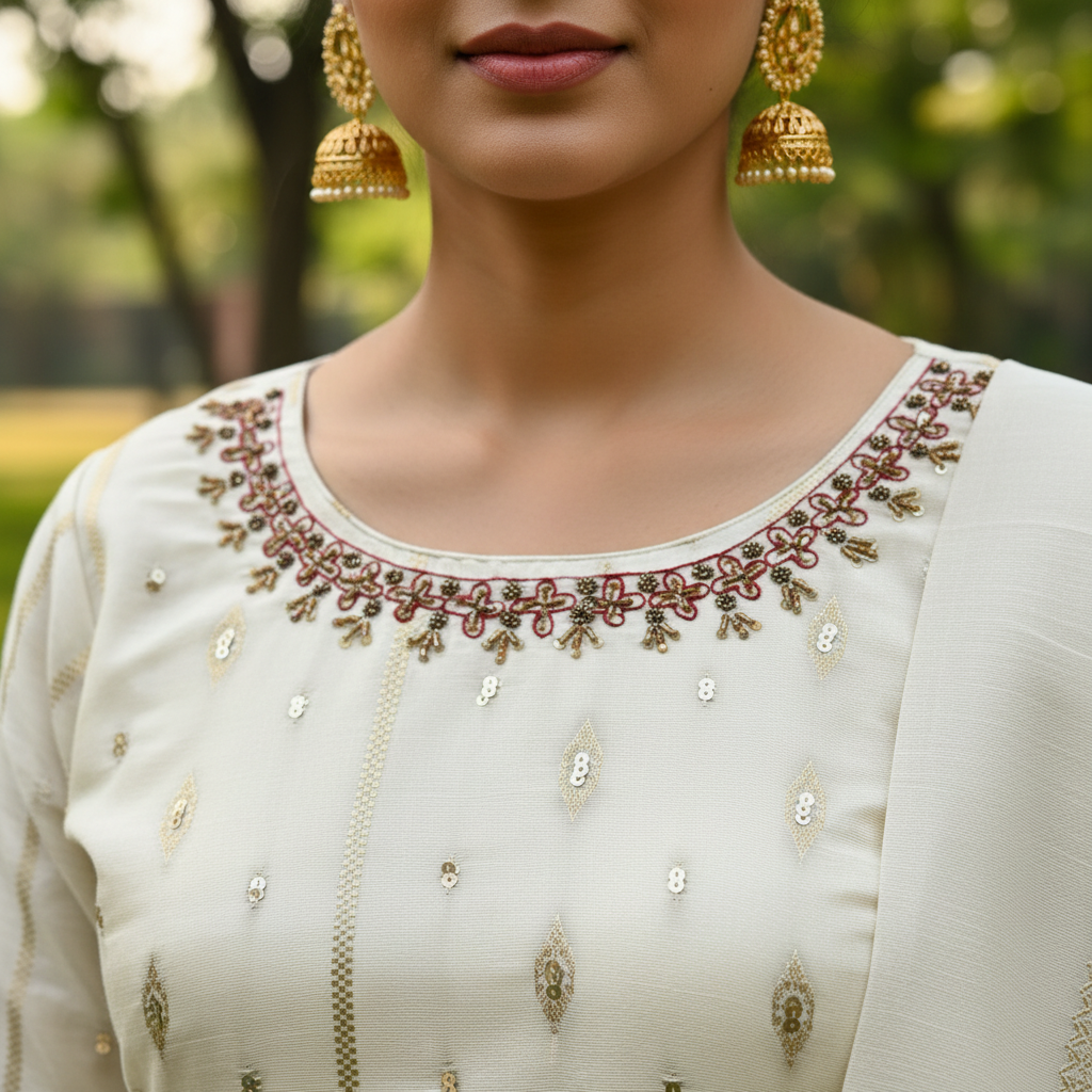 Kerala Tissue Kurti – Hand Embroidery Neckline Close-Up