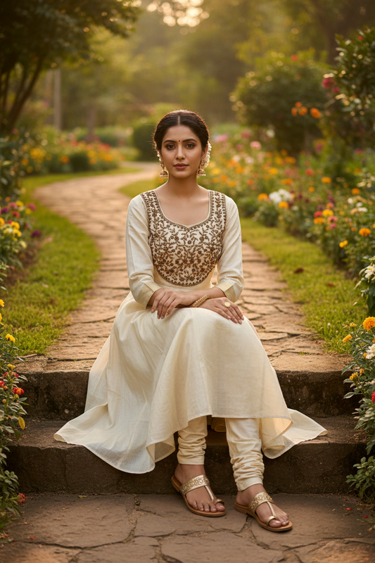 Kerala Tissue Kurti – Seated Garden Pose – Indian Model – Golden Hour