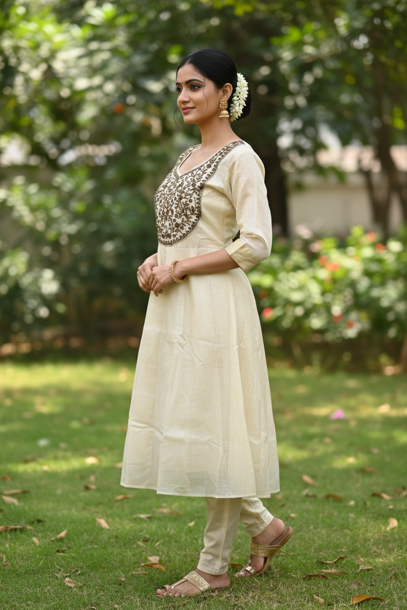 Kerala Tissue Kurti – Three-Quarter Side Pose – Indian Model – Garden