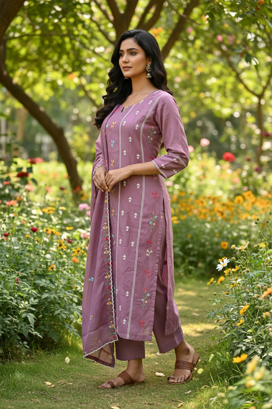 Lavender Chanderi Kurti – Side Pose with Dupatta