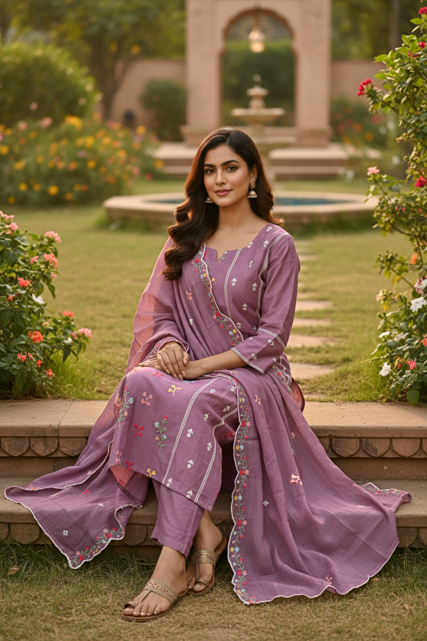 Lavender Mul Chanderi Salwar Set – Seated Garden Pose