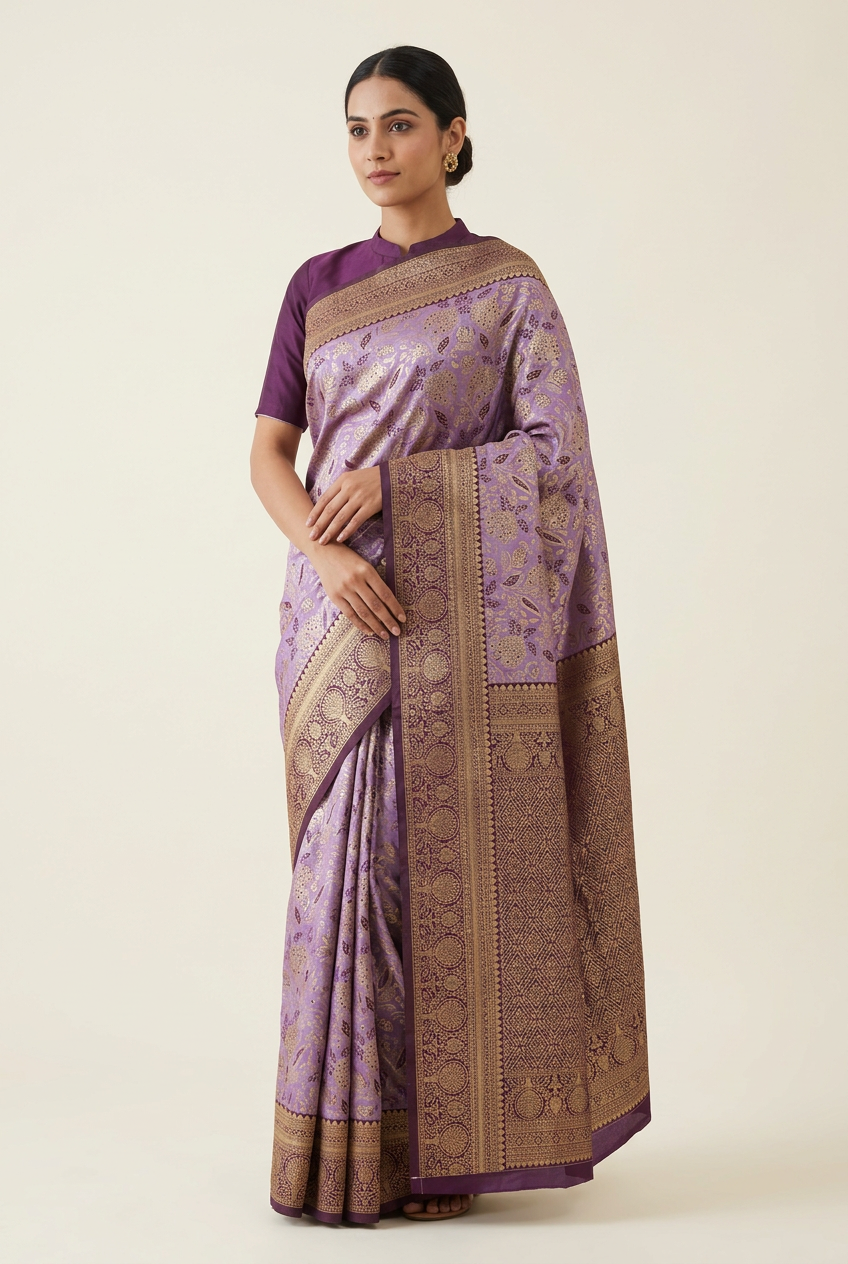 Lavender saree on an Indian model