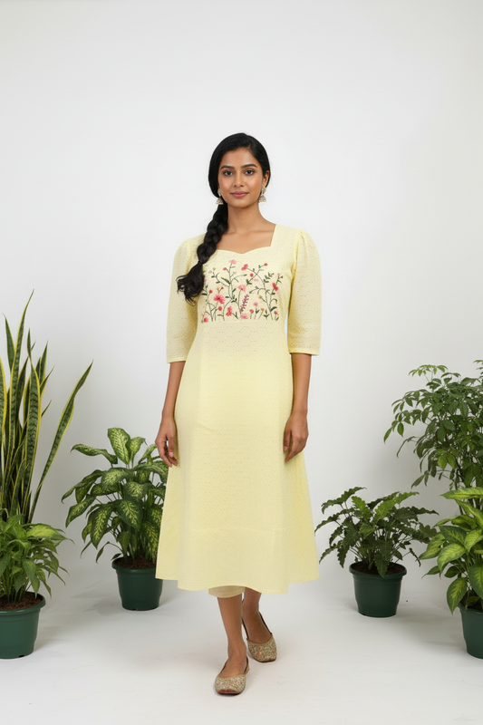 Lemon Yellow Hakoba Kurti Indian Model Front Pose - Elbow Sleeve Above Knee Floral Embroidery Ethnic Wear