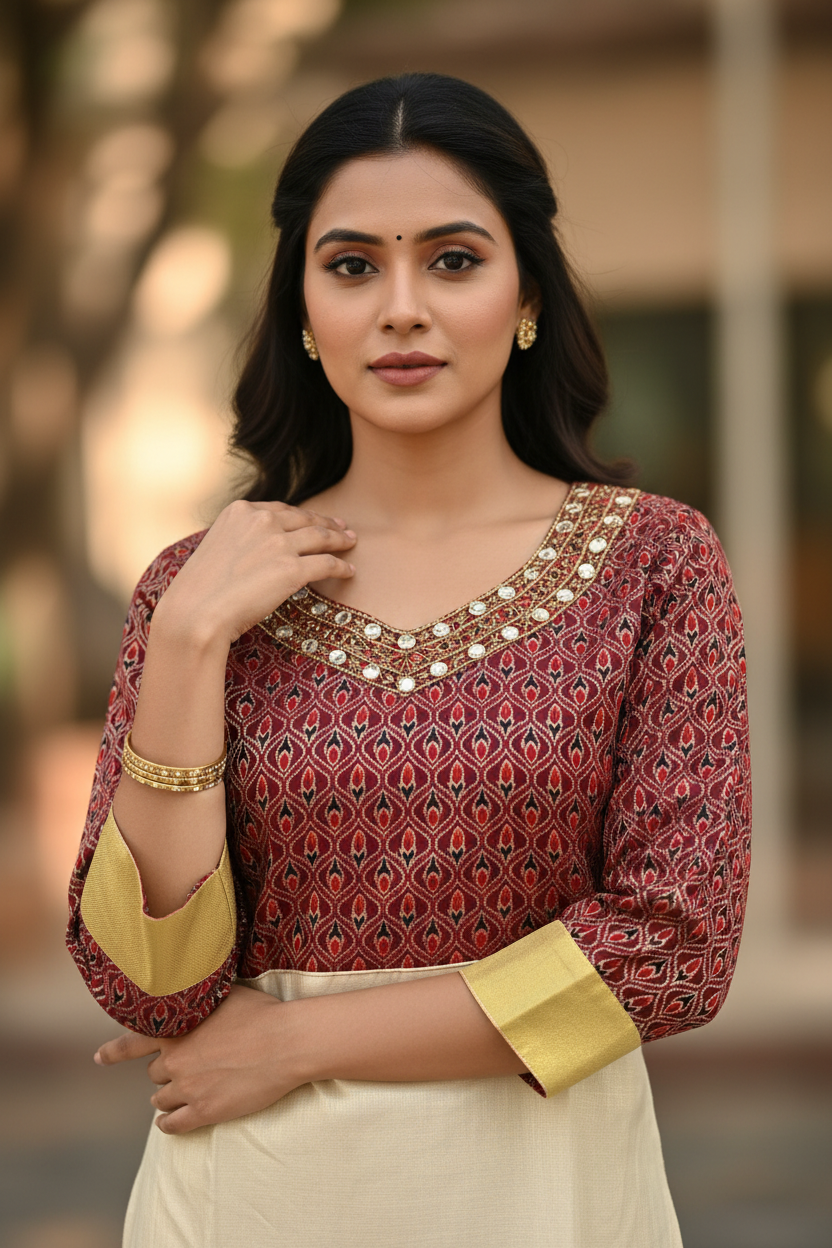 Maroon Brocade Cream Silk Kurti - Detail Close-up